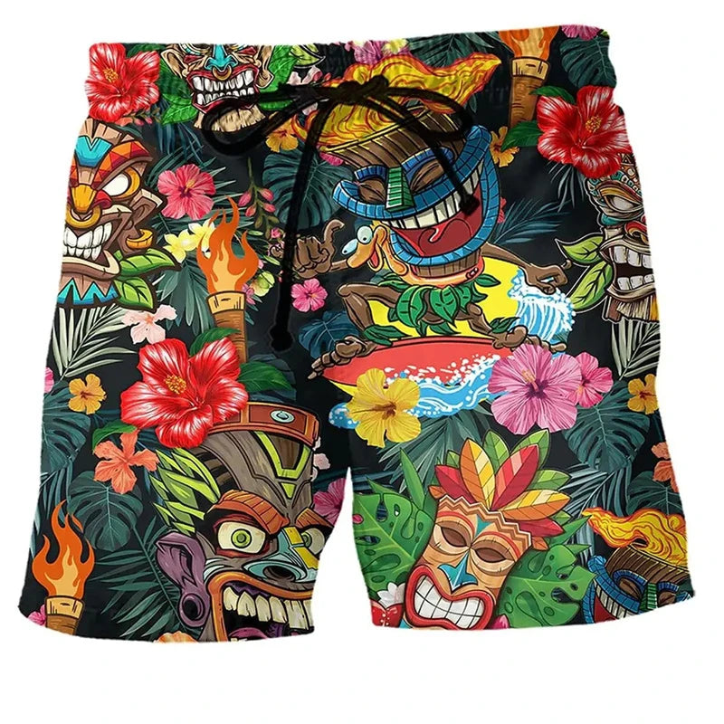 Short de Bain Homme & Enfant – Motif Tiki Rétro 3D, Idéal Surf & Plage