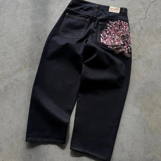 Jean Baggy Y2K – Broderie Fleur de Cerisier (Cherry Blossom) & Denim Selvedge