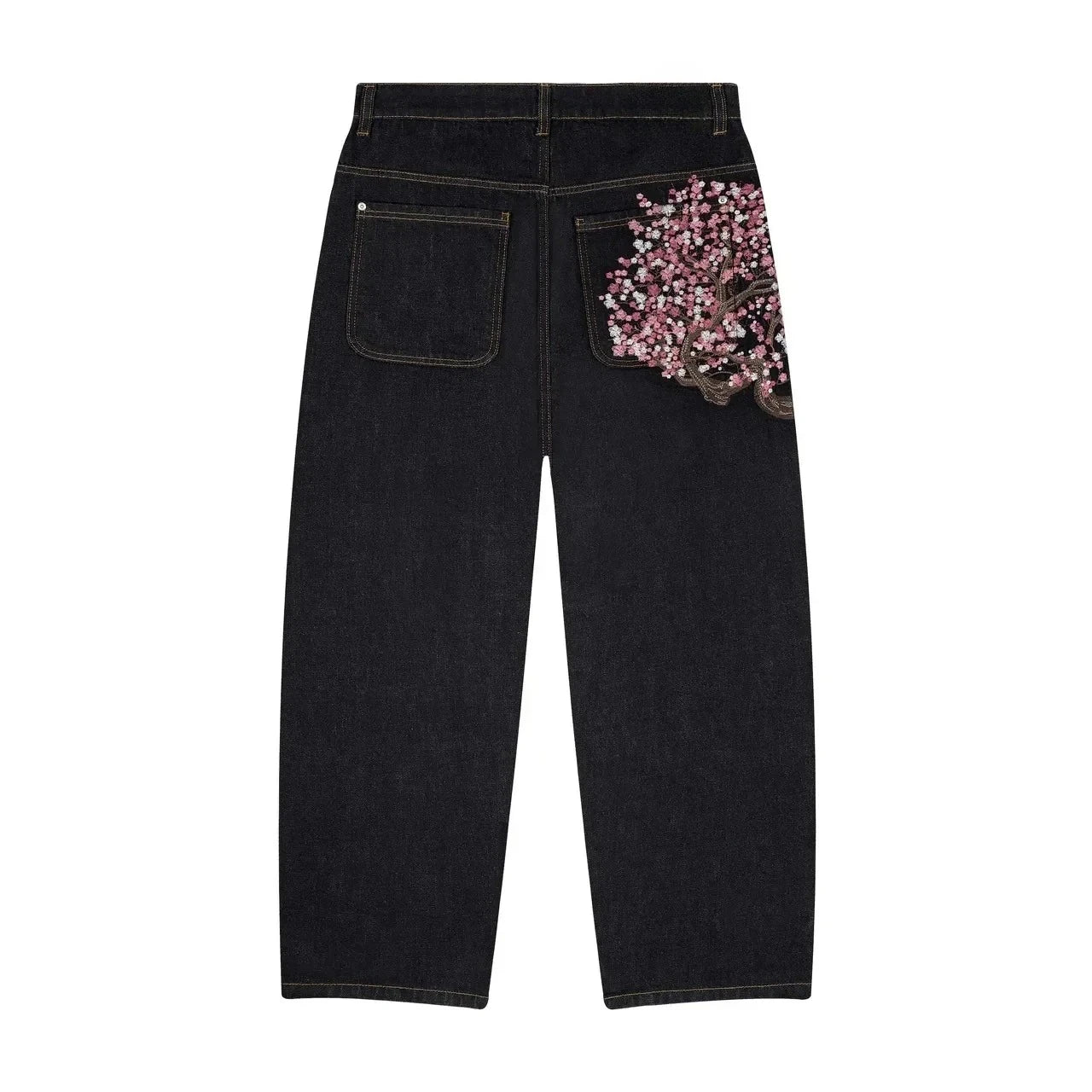 Jean Baggy Y2K – Broderie Fleur de Cerisier (Cherry Blossom) & Denim Selvedge