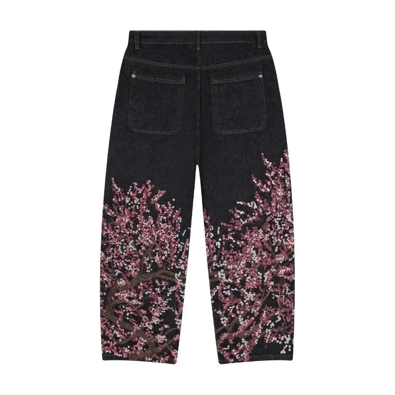Jean Baggy Y2K – Broderie Fleur de Cerisier (Cherry Blossom) & Denim Selvedge