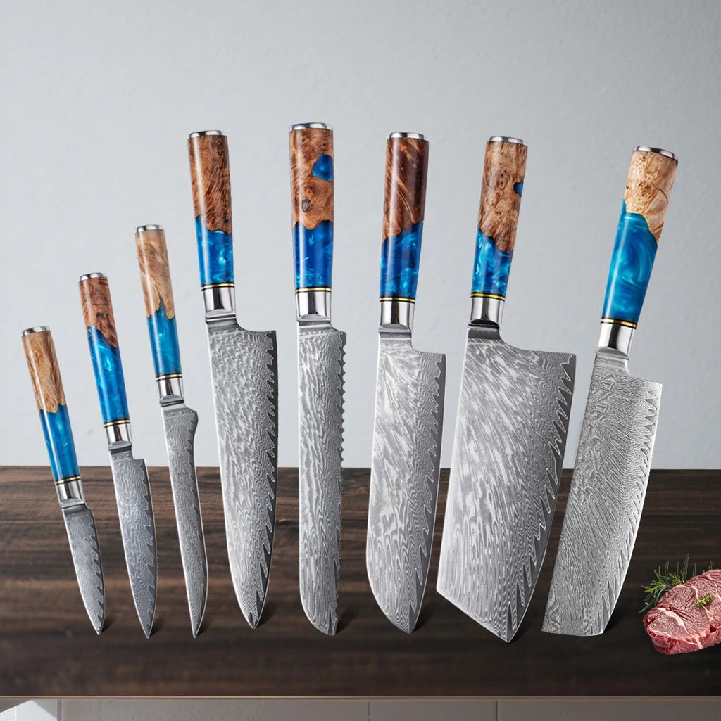 Set de Couteaux OMNÉO — Acier Damas & Résine Bleue