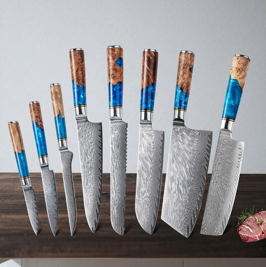 Set de Couteaux OMNÉO — Acier Damas & Résine Bleue