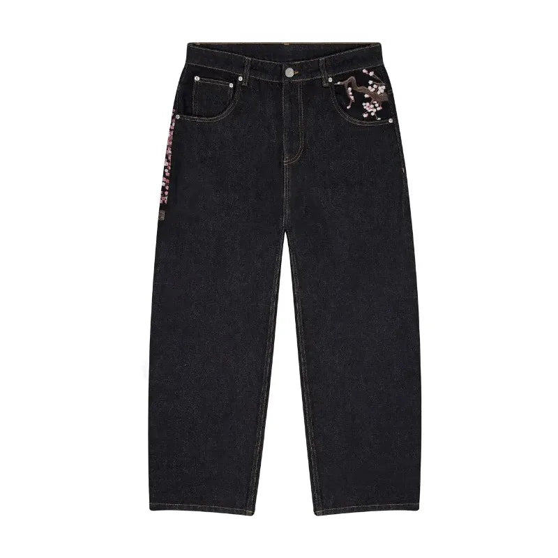 Jean Baggy Y2K – Broderie Fleur de Cerisier (Cherry Blossom) & Denim Selvedge