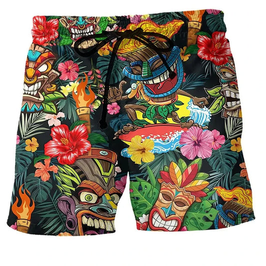 Short de Bain Homme & Enfant – Motif Tiki Rétro 3D, Idéal Surf & Plage