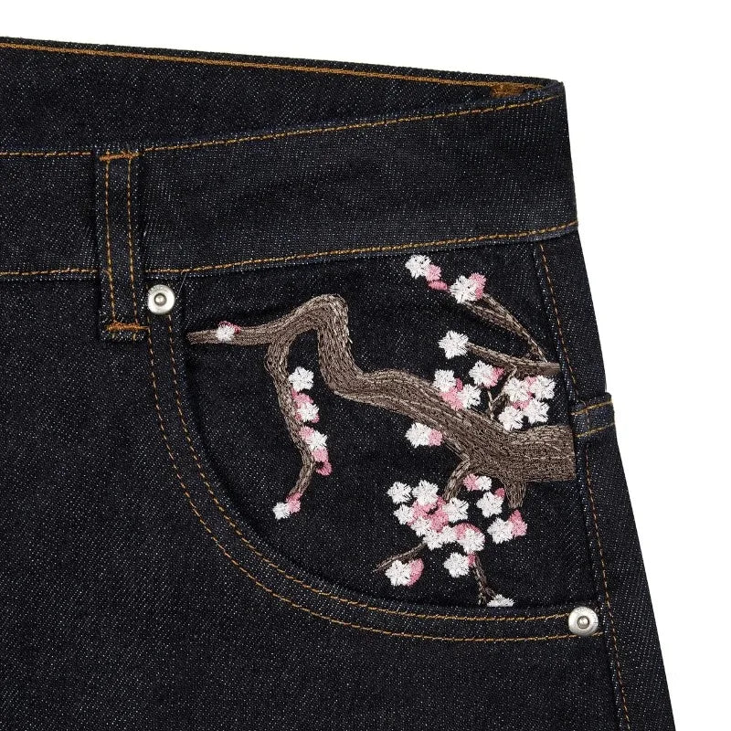 Jean Baggy Y2K – Broderie Fleur de Cerisier (Cherry Blossom) & Denim Selvedge
