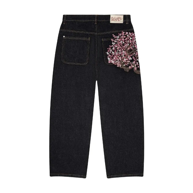 Jean Baggy Y2K – Broderie Fleur de Cerisier (Cherry Blossom) & Denim Selvedge