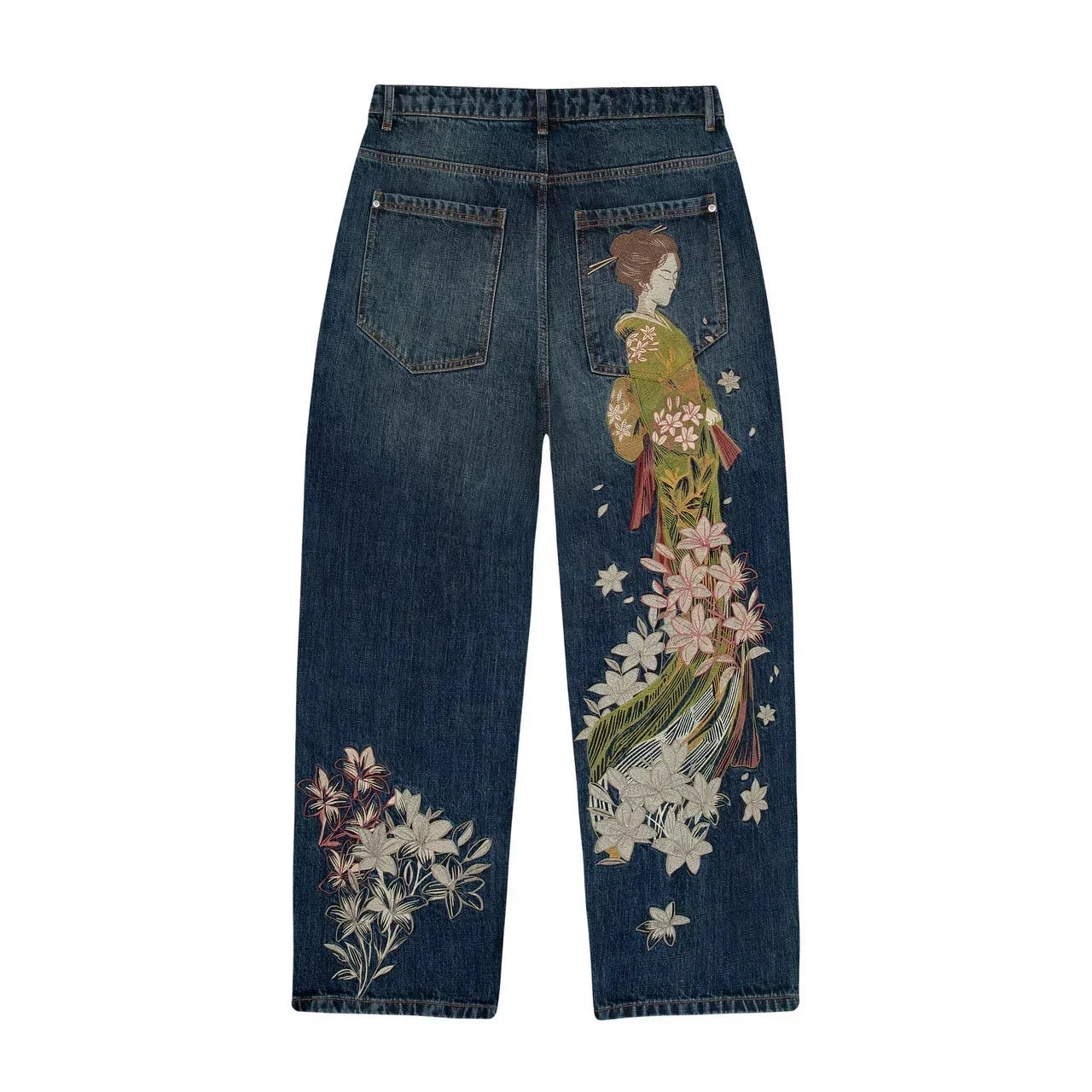 Jean Baggy Y2K – Broderie Fleur de Cerisier (Cherry Blossom) & Denim Selvedge
