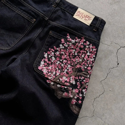 Jean Baggy Y2K – Broderie Fleur de Cerisier (Cherry Blossom) & Denim Selvedge